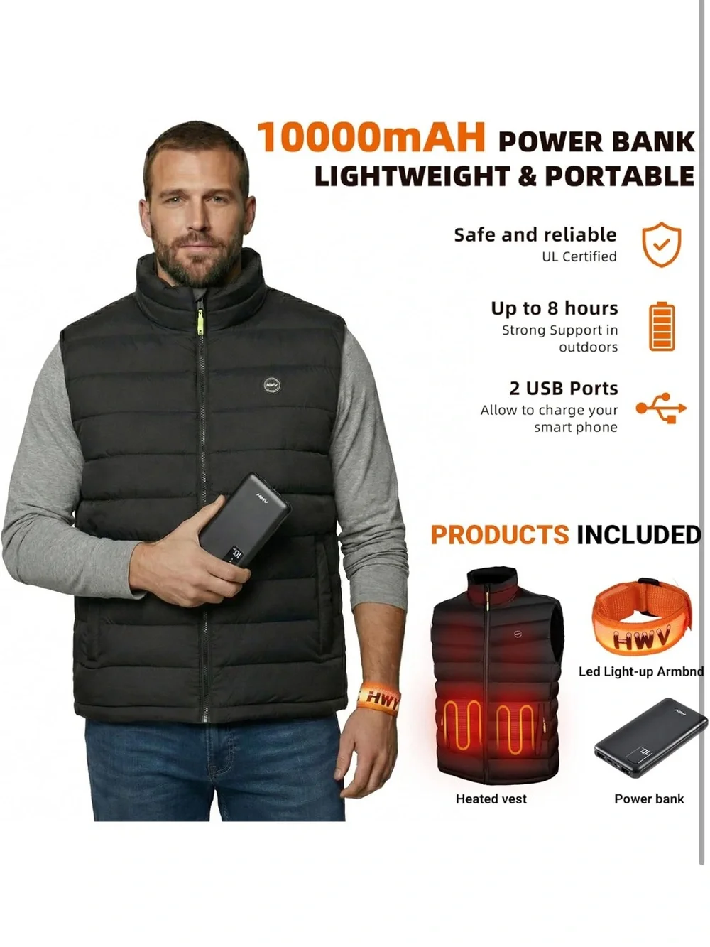 HWV Heated Vest unisex Rechargeable With 10000mAh Battery. 2244/C-5